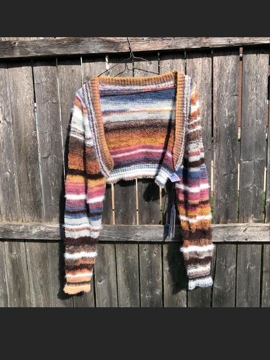 Cider Sweaters - Cider Multicolor Striped Cropped Knit Bolero - Blue, Brown, Pink, Cream, Tan